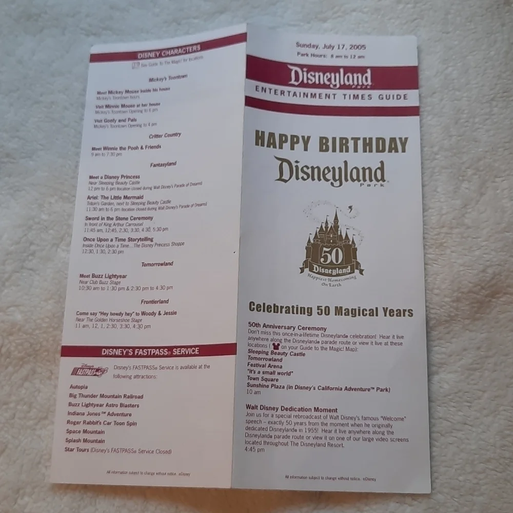 Disneyland July 17 2005 Entertainment Time guide 50th anniversary